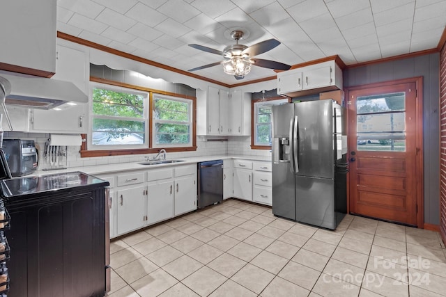 kitchen with ceiling fan, white cabinetry, stainless steel refrigerator with ice dispenser, black dishwasher, and crown molding