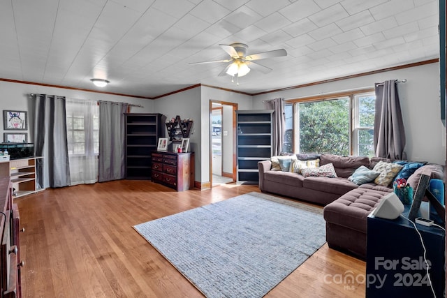 living room featuring ceiling fan, light wood-type flooring, and crown molding