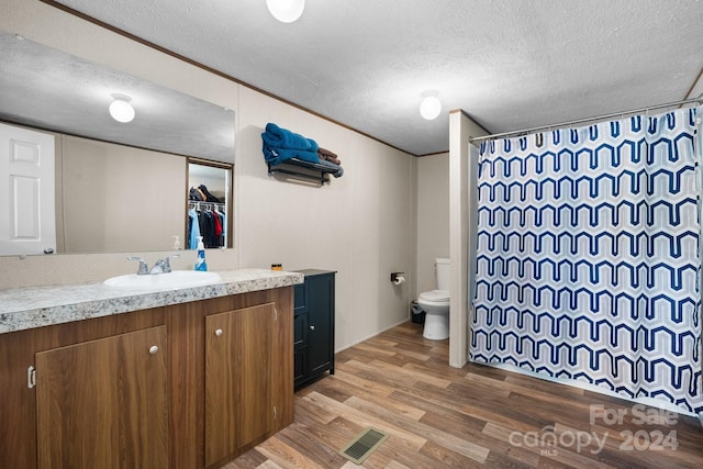 bathroom with toilet, vanity, wood-type flooring, and a textured ceiling