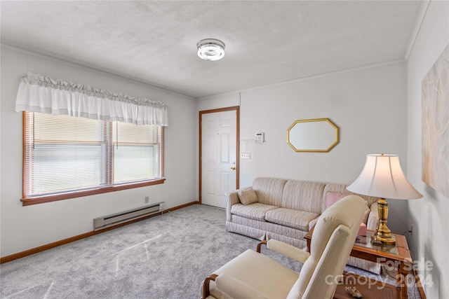 carpeted living room featuring a baseboard radiator, a textured ceiling, and ornamental molding