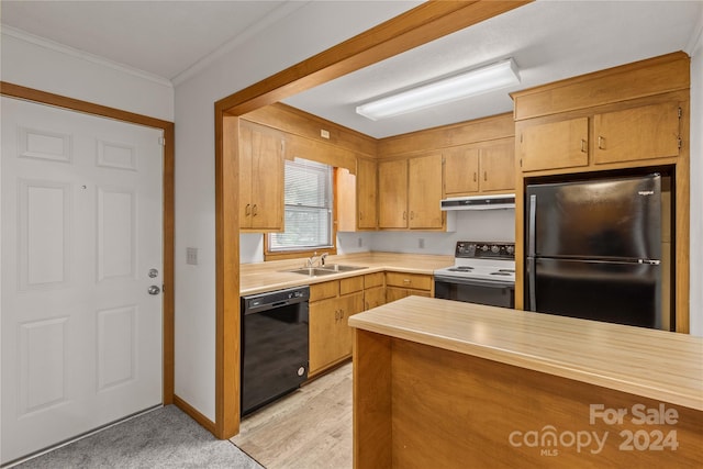 kitchen with ornamental molding, sink, stainless steel refrigerator, electric range, and black dishwasher