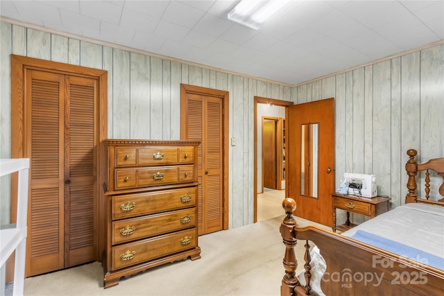 bedroom with light colored carpet and ornamental molding