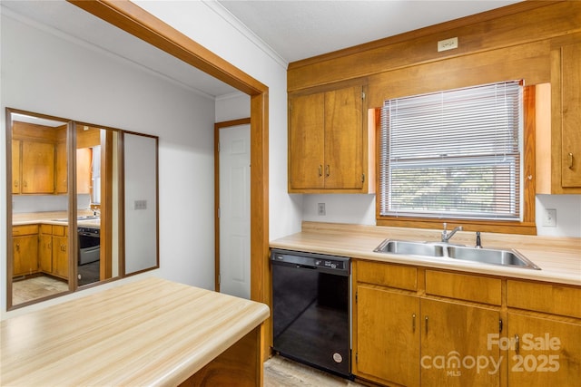 kitchen featuring wall oven, sink, ornamental molding, and dishwasher