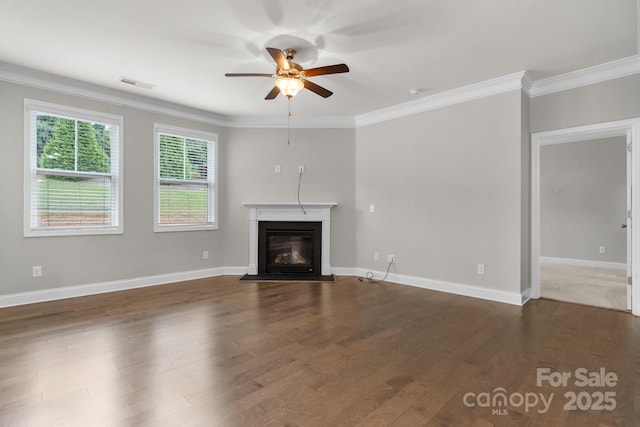 unfurnished living room featuring crown molding, ceiling fan, and dark hardwood / wood-style flooring