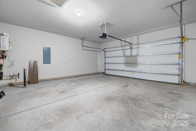 garage featuring a garage door opener, electric panel, and water heater