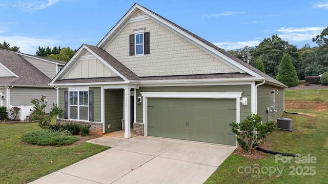 craftsman inspired home with central AC unit and a front yard