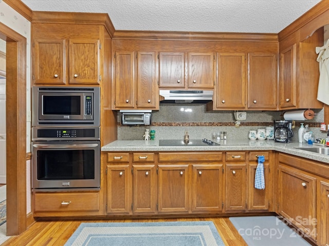 kitchen with decorative backsplash, sink, light wood-type flooring, and stainless steel appliances