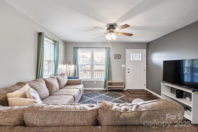 living room featuring ceiling fan and dark hardwood / wood-style flooring