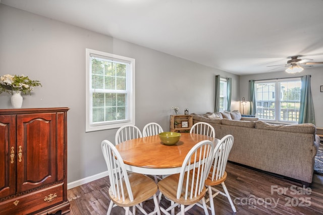 dining room with ceiling fan and dark hardwood / wood-style floors