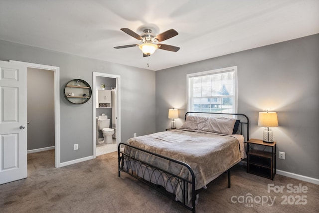 carpeted bedroom with ceiling fan and connected bathroom