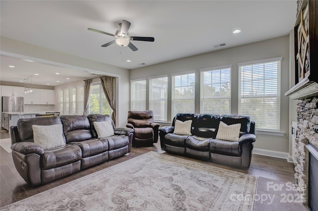 living room with a stone fireplace, ceiling fan, plenty of natural light, and wood-type flooring