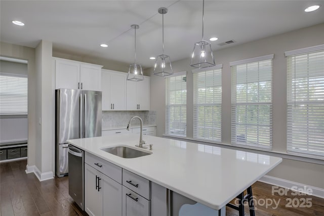 kitchen featuring white cabinetry, a kitchen island with sink, sink, and appliances with stainless steel finishes