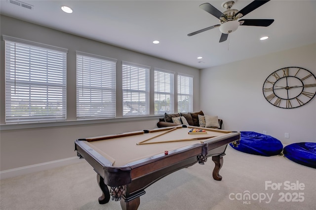 game room with light carpet, ceiling fan, and pool table