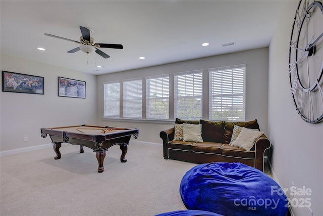 game room with ceiling fan, light carpet, and pool table