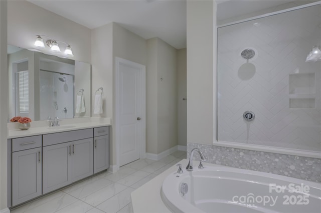 bathroom featuring vanity and plus walk in shower