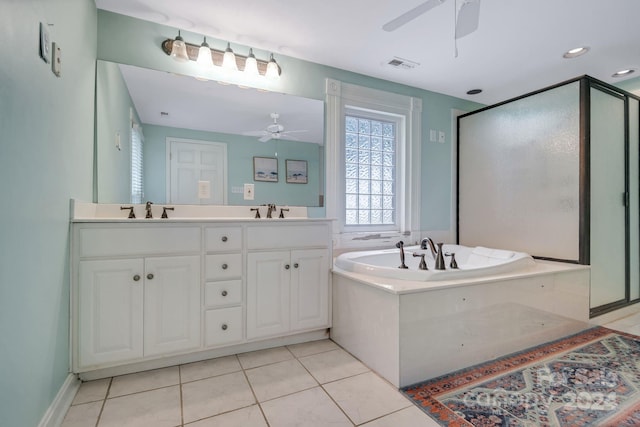 bathroom with ceiling fan, vanity, separate shower and tub, and tile patterned floors