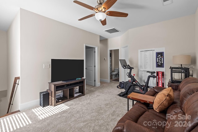 10193 Meeting House Dr NW, Huntersville, NC 28078 - living area with light carpet, baseboards, ceiling fan, and visible vents