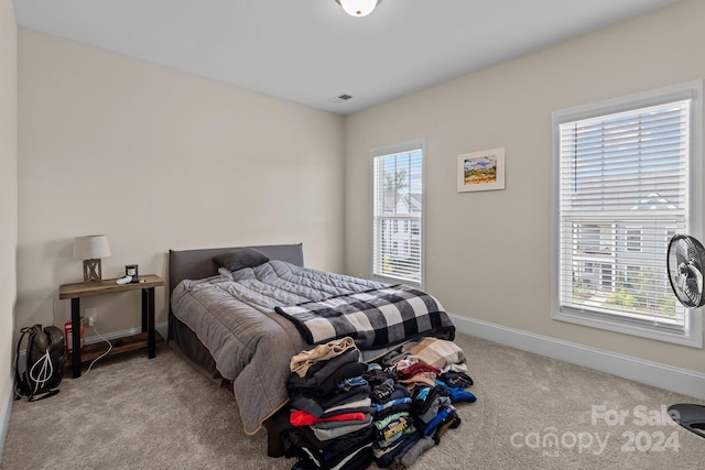 bedroom with light colored carpet and multiple windows