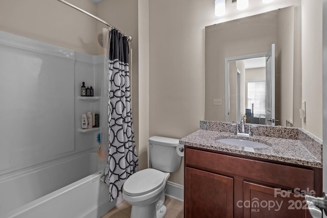 10193 Meeting House Dr NW, Huntersville, NC 28078 - full bathroom with toilet, vanity, shower / bathtub combination with curtain, and tile patterned flooring