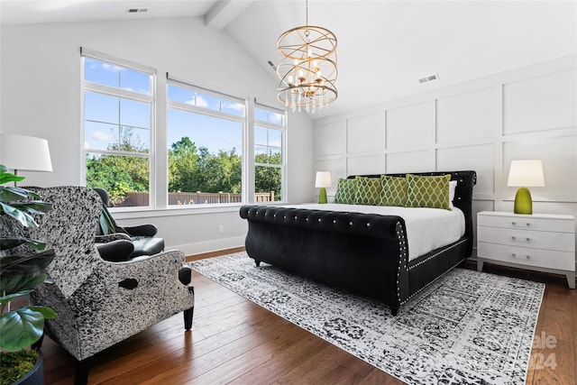 bedroom featuring vaulted ceiling with beams, an inviting chandelier, and dark hardwood / wood-style flooring