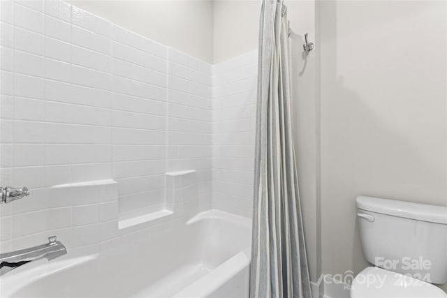 bathroom with toilet and shower / bathtub combination with curtain