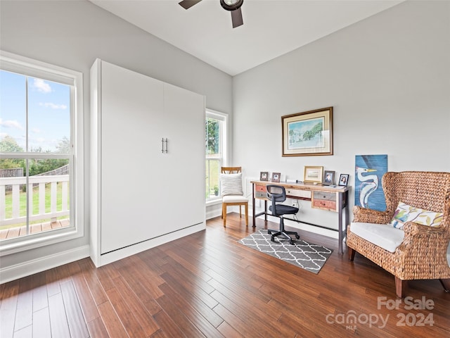 home office with hardwood / wood-style flooring, ceiling fan, and plenty of natural light