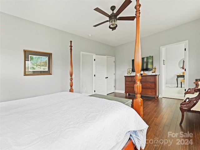 bedroom featuring dark hardwood / wood-style flooring and ceiling fan