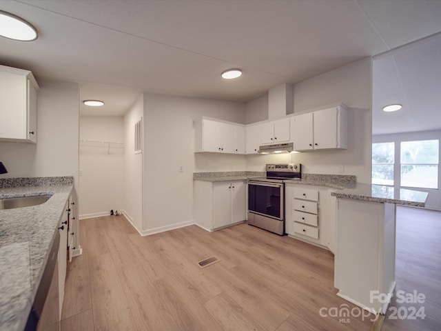 kitchen featuring stainless steel range with electric cooktop, white cabinets, light hardwood / wood-style flooring, and sink