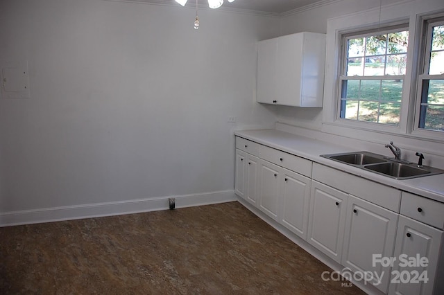 kitchen featuring crown molding, white cabinetry, sink, and dark wood-type flooring