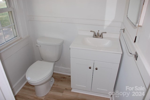 bathroom with wood-type flooring, vanity, and toilet