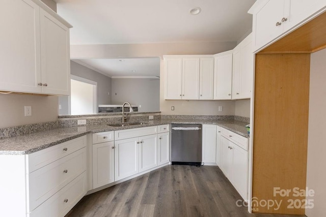 kitchen featuring white cabinets, dark wood-type flooring, sink, and dishwasher