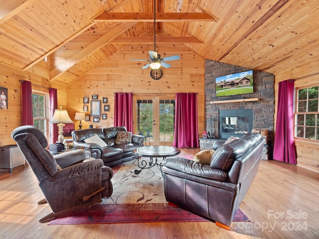 living room featuring wood walls and light hardwood / wood-style floors