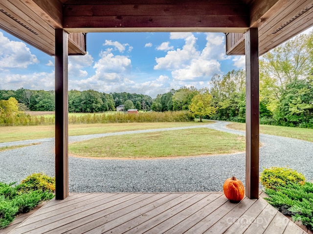 wooden terrace with a lawn