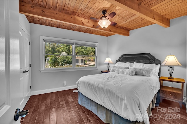 bedroom with beamed ceiling, dark hardwood / wood-style floors, ceiling fan, and wooden ceiling