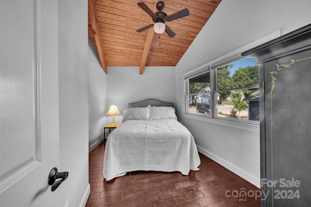 bedroom with vaulted ceiling with beams, ceiling fan, and wood ceiling