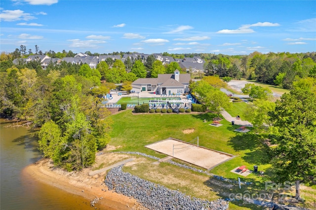 bird's eye view with a water view