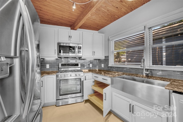 kitchen with white cabinets, beam ceiling, stainless steel appliances, and wooden ceiling