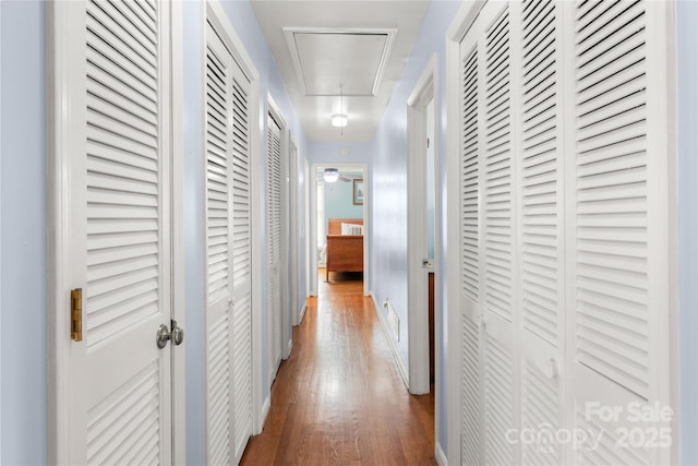 corridor featuring dark wood-type flooring