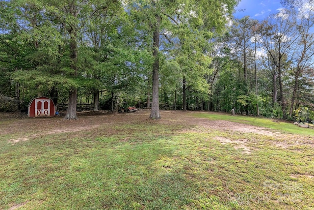 view of yard featuring a storage shed