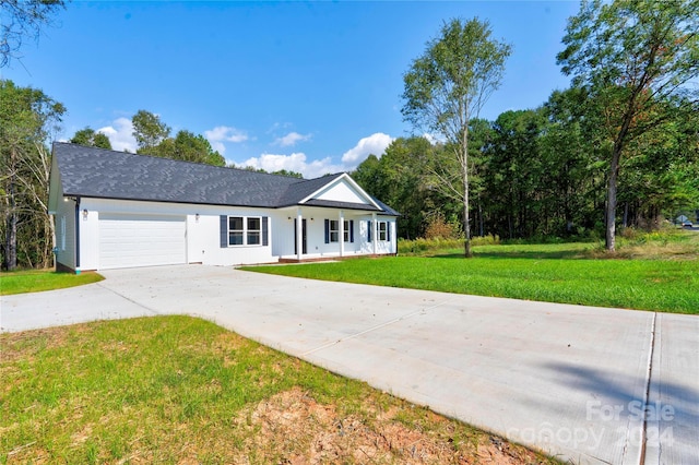 107 Falls St, Lawndale, NC 28090 - ranch-style house with a porch, a garage, roof with shingles, a front lawn, and concrete driveway