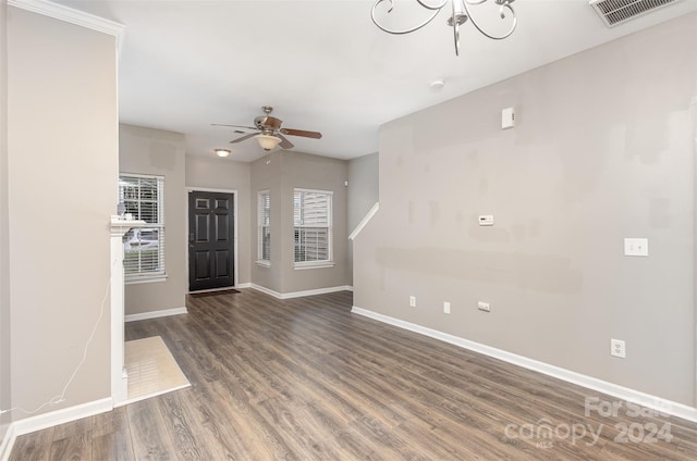 foyer featuring ceiling fan and dark hardwood / wood-style flooring