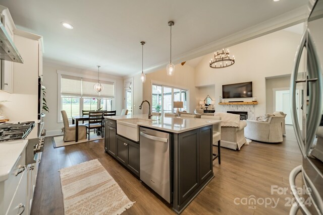 540 Kenway Loop, Mooresville, NC 28117 - kitchen with appliances with stainless steel finishes, a sink, a fireplace, healthy amount of natural light, and crown molding