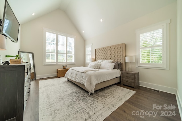 540 Kenway Loop, Mooresville, NC 28117 - bedroom with dark wood-type flooring, vaulted ceiling, baseboards, and recessed lighting