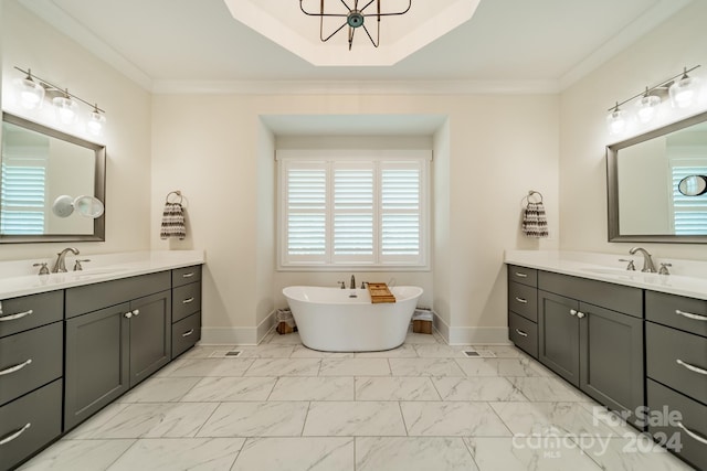 540 Kenway Loop, Mooresville, NC 28117 - full bathroom with marble look tile flooring, two vanities, baseboards, and crown molding