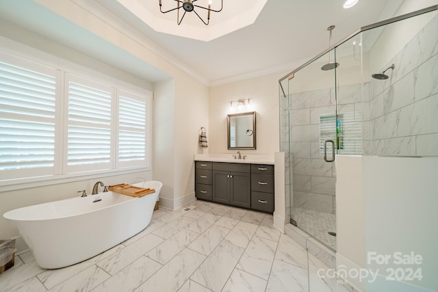 540 Kenway Loop, Mooresville, NC 28117 - bathroom with marble finish floors, a stall shower, vanity, a freestanding bath, and a chandelier