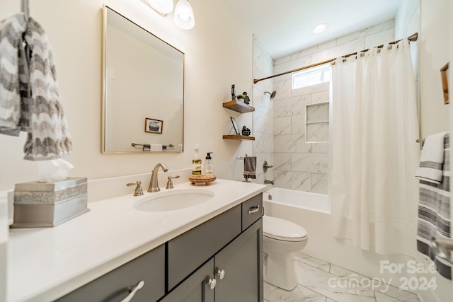 540 Kenway Loop, Mooresville, NC 28117 - full bath featuring marble look tiles, shower / bathtub combination with curtain, toilet, and vanity