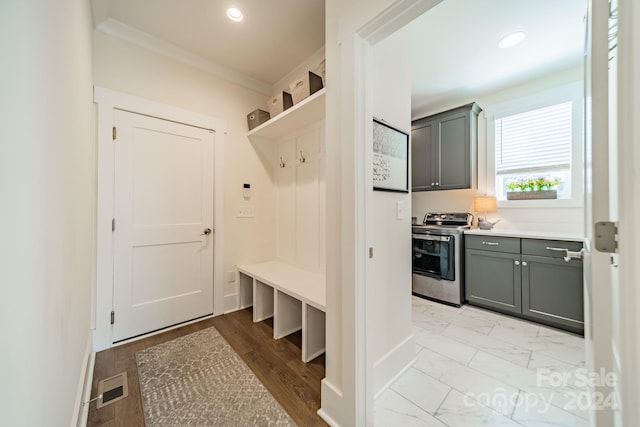 mudroom with ornamental molding and light hardwood / wood-style floors