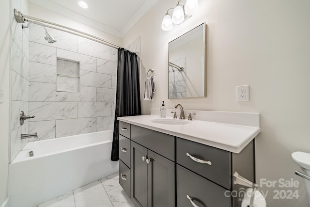 full bathroom with vanity, ornamental molding, toilet, and shower / tub combo with curtain