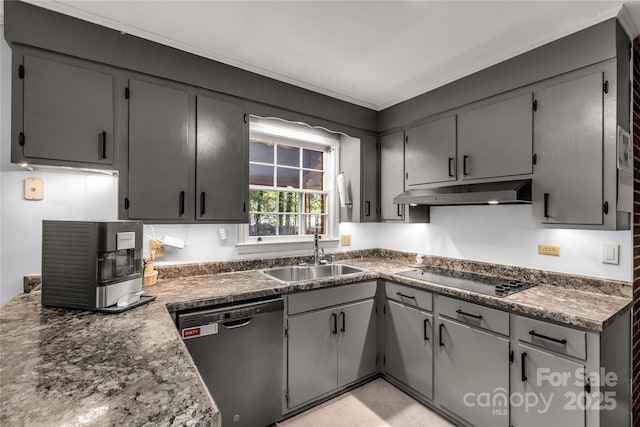 kitchen with sink, gray cabinetry, and black appliances