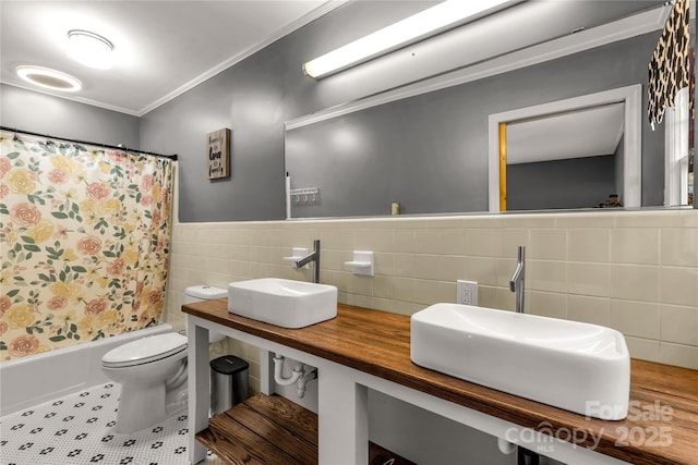 full bathroom featuring tile walls, vanity, shower / tub combo, toilet, and tile patterned floors